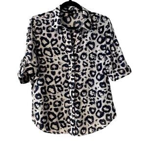 Ann Taylor white & black abstract print light cotton short sleeve blouse 12